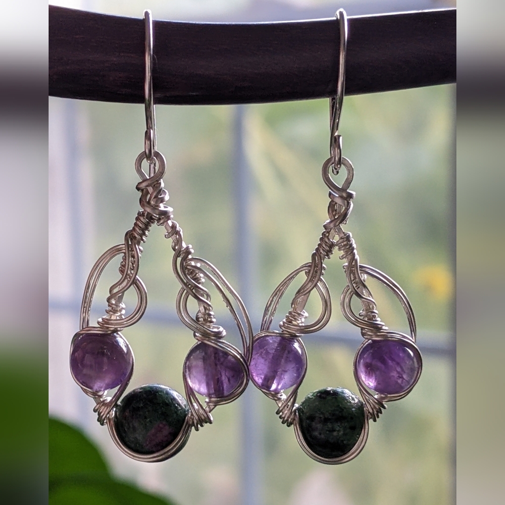 Artisanal Sterling Silver Earrings Amethyst And Ruby Zoisite Gemstones - Picture 3 of 11